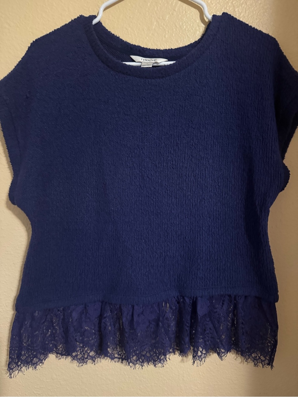 Maeve Navy Lace-Hem Short Sleeve Tee